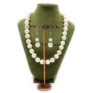 Faux Pearl Necklace with Matching Earrings Set Cream Color